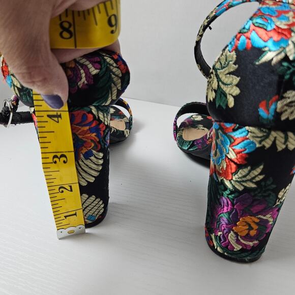Brash Black Metallic Floral Brocade Print Open Toe Sandal Chunky Heal Size 6.5 - Picture 5 of 6